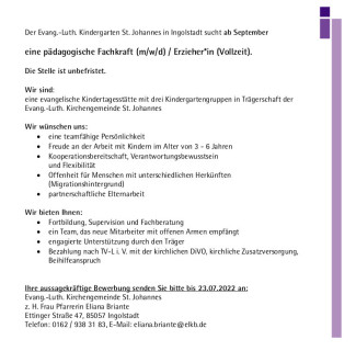 Stellenanzeige pädagogische Fachkraft